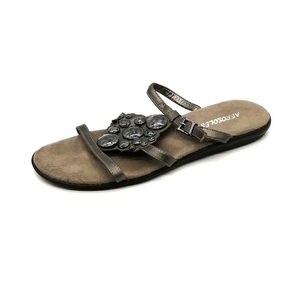 Aerosoles Womens‎ Sandal Shoe Gray Beaded Slide Buckle Strap Stretch Flat Heel 7 - Picture 1 of 10